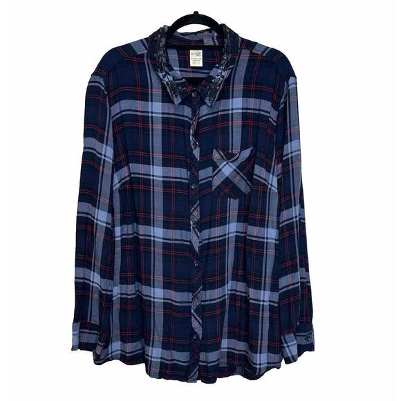 TERRA & SKY size 2X (20W-22W) 100% Rayon‎ Plaid Long Sleeve Blouse Soft Sequined - Picture 1 of 9